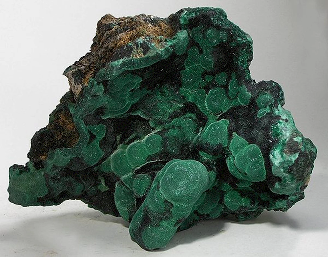 Malachite, Heterogenite, from Kolwezi, Western area, Katanga Copper Crescent, Katanga (Shaba), Democratic Republic of Congo. Size: 12.4 x 10.4 x 6.6 cm. Source: Wikipedia