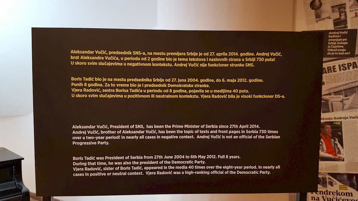 Views of the exhibition Uncensored Lies: Manipulation of the term censorship in Serbia  2014-2016, organised by the Serbian Progressive Party of Prime Minister Vučić, 2016.  Photo courtesy to Vlidi.
