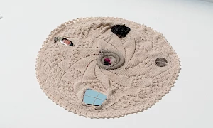 Aldo Ramos, Soil is a weaving of memories, 2023. Knitted threads of memories found while walking soils in Petemoro, Mexico, and the swamp at Naardermeer, the Netherlands, with a contribution from Brooke Wandin, dimensions variable. Installation view, The Soils Project, TarraWarra Museum of Art, 2023. Courtesy of the artist. Photo: Andrew Curtis